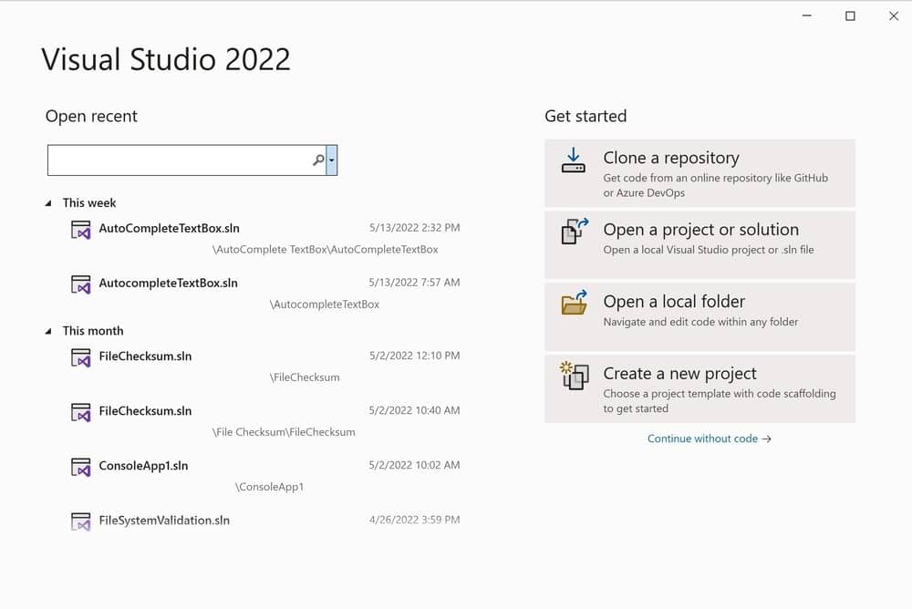 Visual Studio 2022 Start a New Project